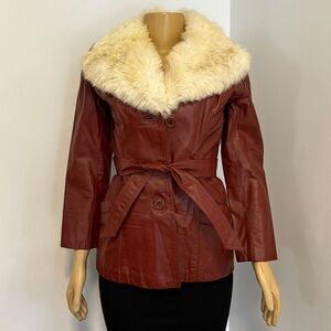 Burgundy Red Genuine Leather White‎ Fur Collar Tie Waisted Coat Jacket XS-Small